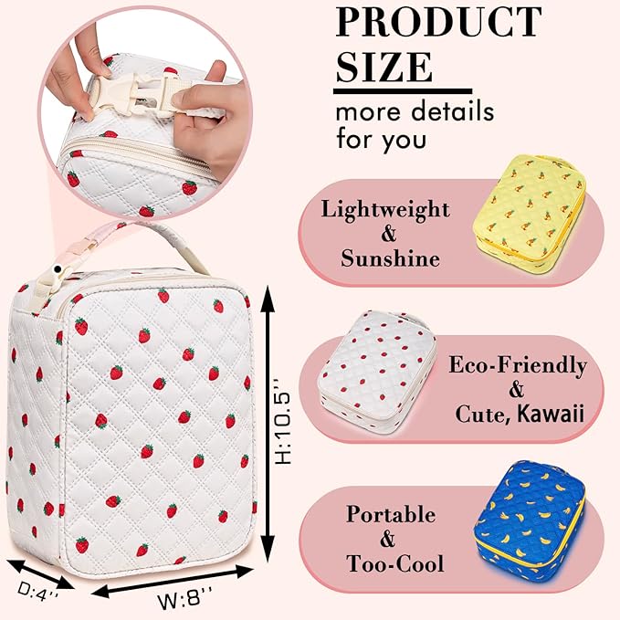 TuErCao Cute Strawberry-Print Lunch Box Kids for School, Compact Reusable Tote LunchBox for Girls for School, Office, Picnic, Lightweight Small Lunch Bag Fits Bento Boxes, Snack and Foods