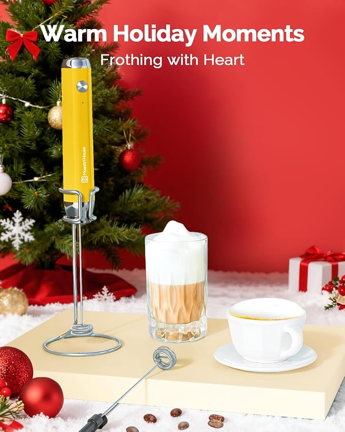 Maestri House Rechargeable Milk Frother with Stand, Handheld Electric Foam Maker Waterproof Detachable Stainless Steel Whisk Drink Mixer Foamer for Lattes, Cappuccino (Warm Yellow (Gift Box))