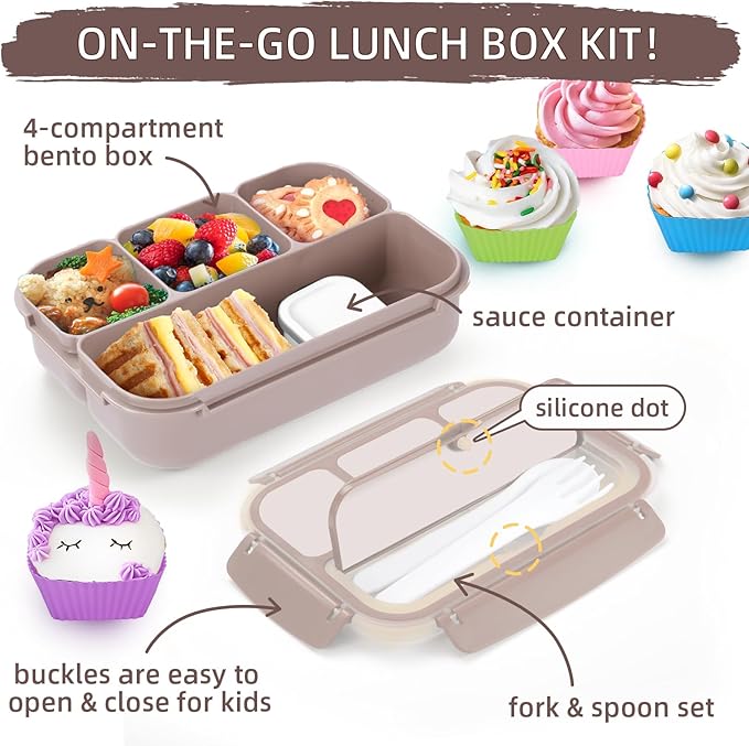 QQKO Bento Box Adult Lunch Box, Lunch Containers for Adults Men Women, Kids Lunch Boxes for School with 4 Compartments, Sauce Container, Utensils and Muffin Cups, Brown
