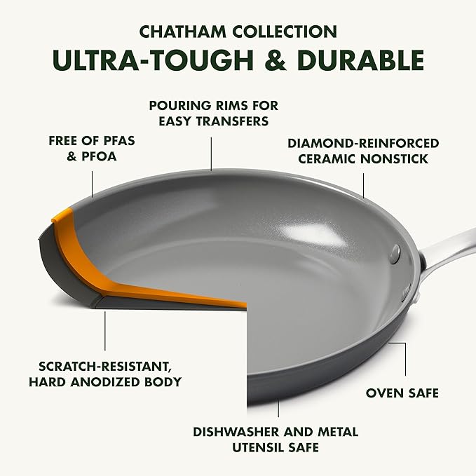 GreenPan Chatham Hard Anodized Healthy Ceramic Nonstick 8" and 10" Frying Pan Skillet Set, Omelette and Egg Pan, PFAS-Free, Dishwasher Safe, Oven Safe, Gray