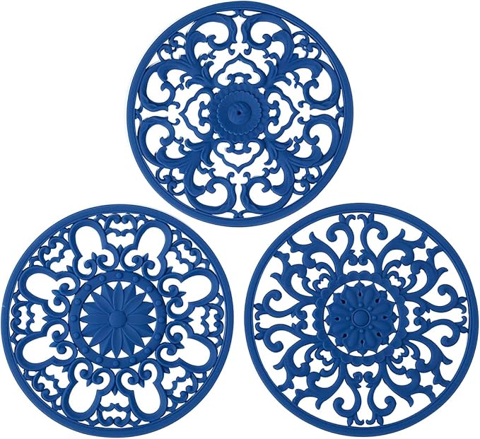 Extra Thick Silicone Trivet Mat for Hot Dishes, Hot Pots and Pans, Pot Holder, Hot Pad to Portect Your Table and Countertop, Kitchen Decor and Accessories,Navy Blue, Set of 3