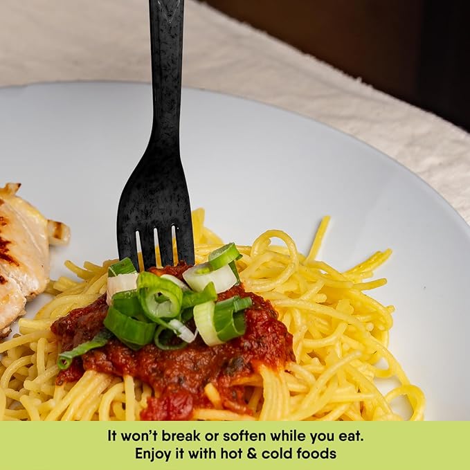 Premium Quality 100% Biodegradable Black Forks Made of Vegetable Fibers, 100 PCS of 6.7” Long Heavy-Duty and Splinter Free Eco-Friendly Forks, Perfect Sustainable Cutlery for All Types of Occasions