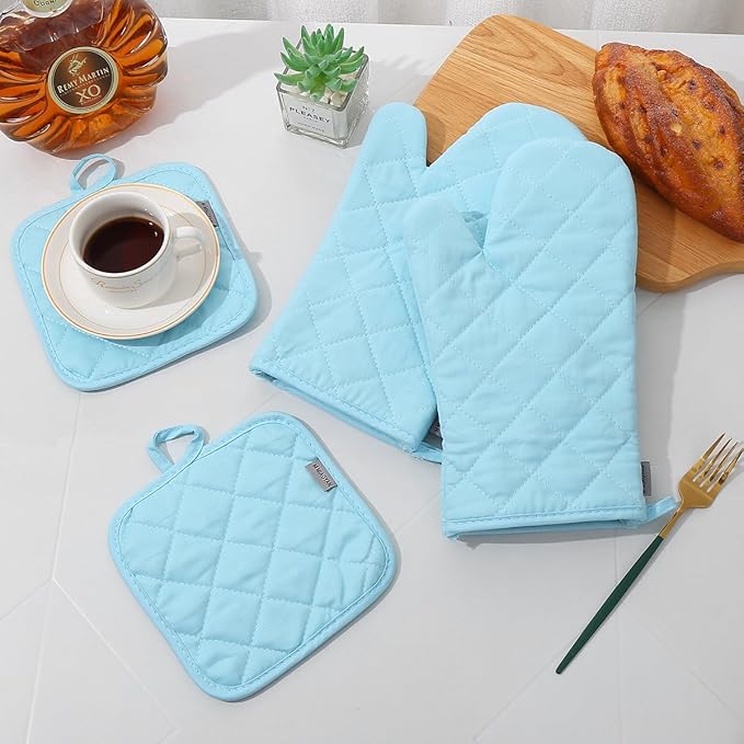 Oven Mitts and Pot Holders 4 pcs Set,High Heat Resistant 500 Degree Extra Thicken Long Kitchen Cotton Oven Glove for Cooking (12 Inch,Light Blue)