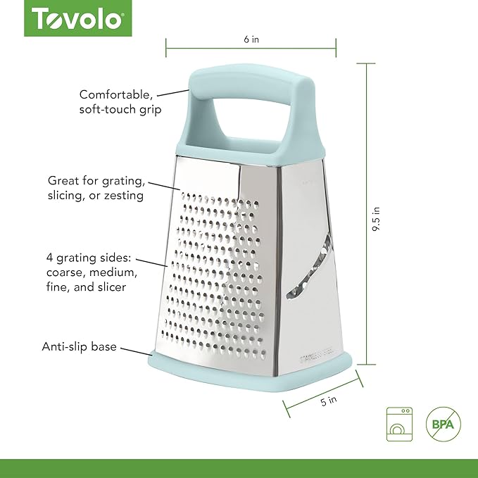 Tovolo Elements 4-Sided Box Grater - Stainless Steel Cheese Shredder with Coarse Medium Fine Slice Sides, Comfortable Handle & Stable Base for Kitchen Prep, Large, Blue Haze