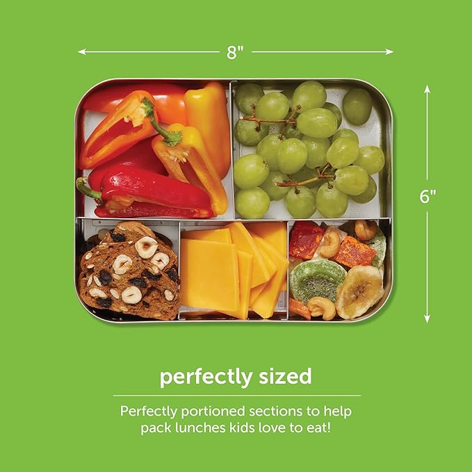 LunchBots Large Cinco Stainless Steel Lunch Container - Five Section Design Holds a Variety of Foods - Metal Bento Box - Dishwasher Safe - Stainless Lid - Green Dots