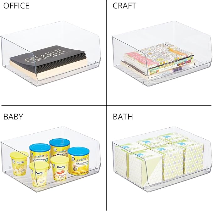 mDesign Extra Wide Stackable Plastic Food Storage Organizer Bin Basket with Open Front for Household Kitchen Cabinets, Pantry, Offices, Closets, Bedrooms, Bathrooms - 15.2" Wide, 2 Pack - Clear