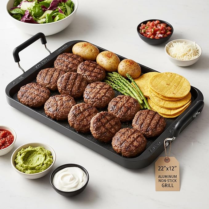 22"x12" Large Family Griddle Pan - Double Burner Griddle Comals Para Tortillas Grande, Non-Stick PFOA-Free Aluminum Grill Pan for Gas Stove/electric stovetops/Indoor/Outdoor Camping