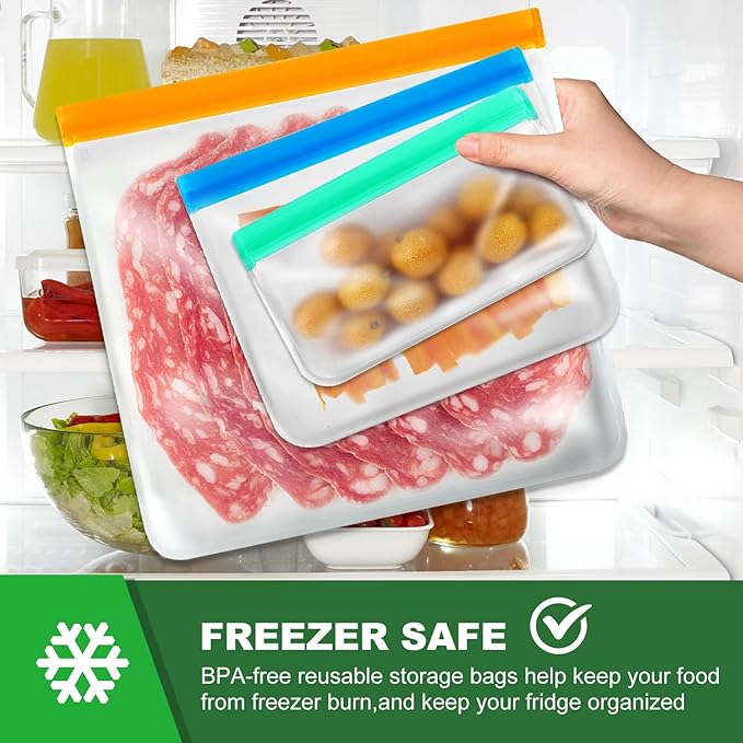 10 Pack Reusable Food Storage Silicone Bags, 3 Large Food Storage Bags Gallon Freezer Bags 4 Reusable Sandwich Bags 3 Snack Bags, Lunch Home Kitchen Fridge Organization Meal Prep Containers