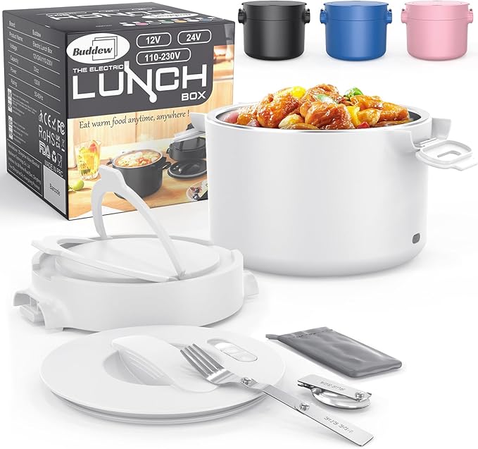 Buddew 100W Electric Lunch Box, 34-Ounce Portable Food Warmer for Work/Office/Car/Travel 12V/24V/110V, with Folding Spoon&&Fork, Built-in temperature controller, Ideal Gift for Men and Women (White)