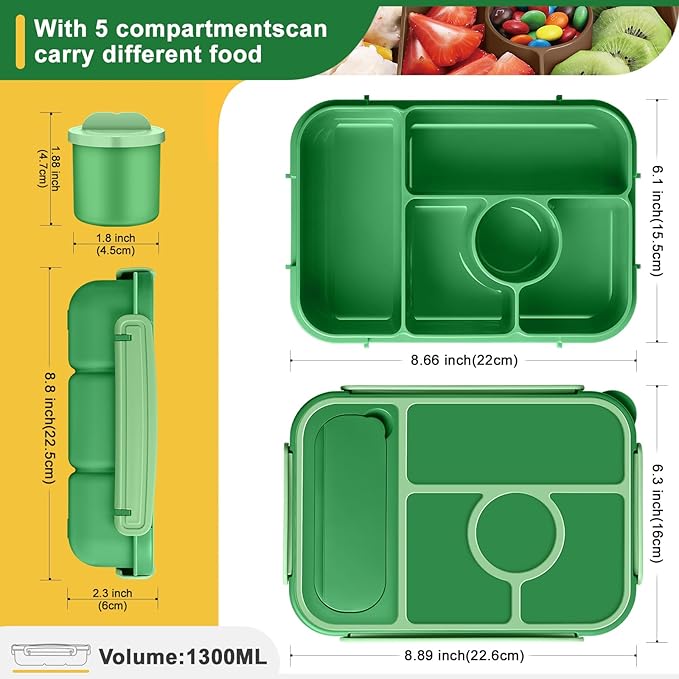 Bento Box Adult Lunch Box Kids,Lunch Containers for Adults/Kids/Toddler,5 Compartments Bento Lunch Box with Sauce Vontainers,Microwave & Dishwasher & Freezer Safe,BPA-Free (Emerald green)