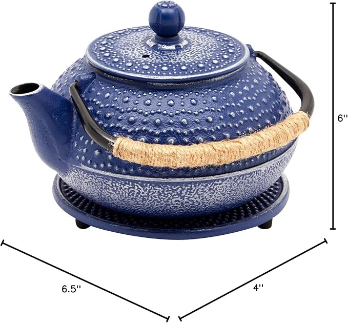 Juvale Cast Iron Teapot with Infuser - Blue, 27 oz (800 mL) - Stovetop Tea Kettle for Loose Leaf Tea - Includes Stainless Steel Infuser & Trivet