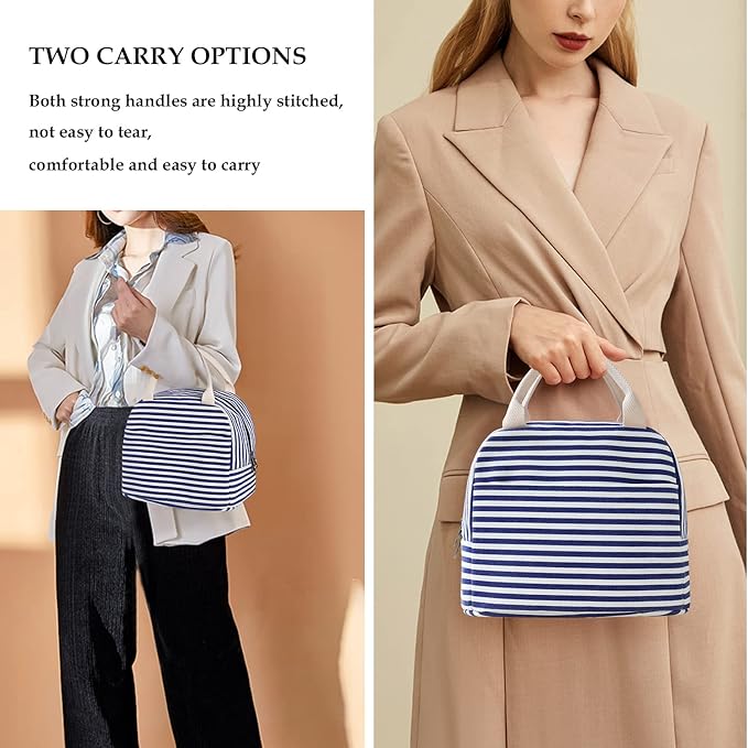 EurCross Blue and White Stripes Lunch Bag Women,Cooler Tote Bag Insulated Lunch Bento Box Bag, Canvas Portable Tote Thermal Bag for Adult Women and Men for Work