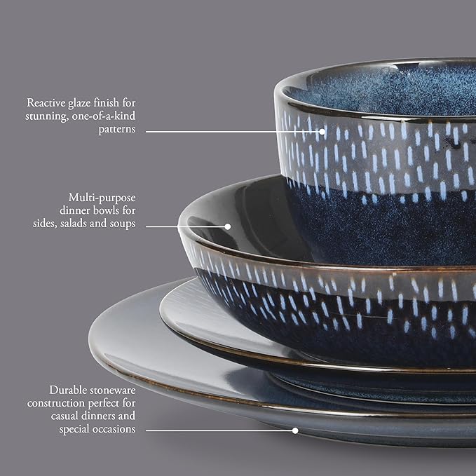 Gibson Elite Matisse 16-Piece Dinnerware Set – Double Bowl Reactive Glaze Stoneware in Blue – Plates and Bowls for 4, Microwave & Dishwasher Safe, Rustic Modern Design