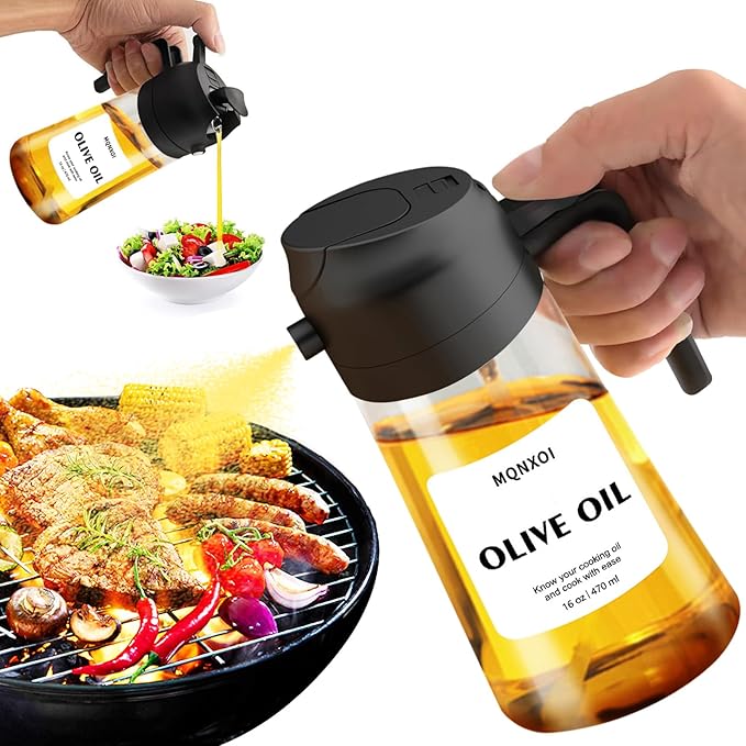 2 in 1 Glass Oil Sprayer & Dispenser,16oz/470ml Olive Cooking, Air Fryer, and Salad, for Kitchen Gadgets and Air Fryer Accessories, w/Stickers (Black + White Bottle 2)