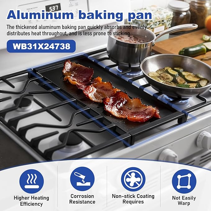 WB31X24738 Aluminum Center Griddle Replacement for GE Stove - Lightweight & Fast Heating Griddle Plate, Compatible with GE Gas Range Models JGB700, JGB660, JGB735, Replaces WB31X24998, WB31X49806