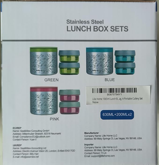 Lille Home Portable Insulated Lunch Box Set with Stainless Steel Cutlery, vacuum lunch box, to Keep Food Warm or Cool, Two Containers for Fruits and Sauces, Durable and Leak-Proof(Blue)