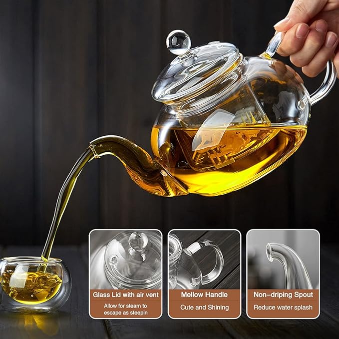 Glass Teapot with Removable Clear Infuser, 27 oz/ 800 ml Stove Top & Microwave Safe Borosilicate Glass Kettle with Loose Leaf Tea Strainer For Flower Blooming Tea