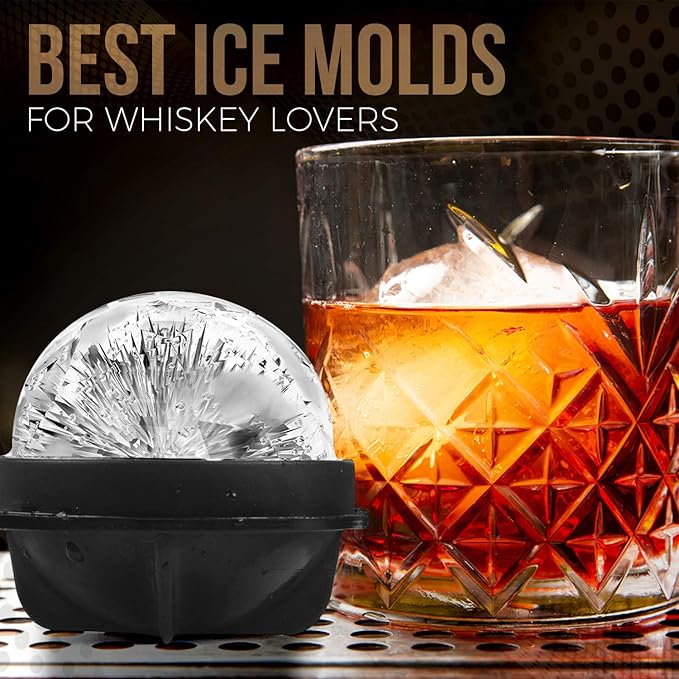 Bourbon Ice Cube Molds - Round Ice Cube Mold Set Of 4-2.5 Inch - Tight Sealing, Leak Proof Silicone Big Sphere Ice Ball Makers For Whiskey, Scotch