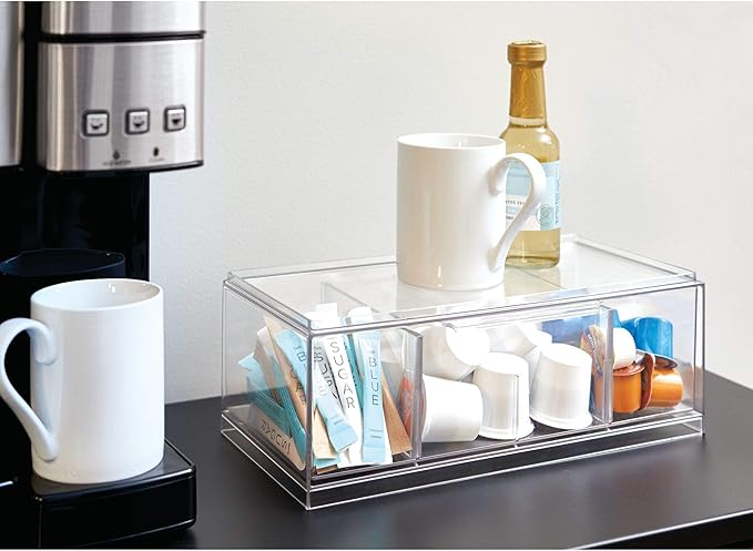 iDesign Tea Bag Organizer for Counter, 4-Section Clear Stackable Tea Storage Drawer for Cabinet