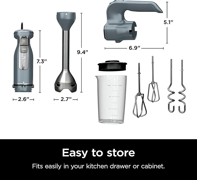 Ninja CI105BRN Foodi Power Mixer System, 750-Peak-Watt Immersion Blender and Hand Mixer, EasyGlide Beaters, Dough Hooks, 3-Cup Blending Vessel, Sea Salt Gray