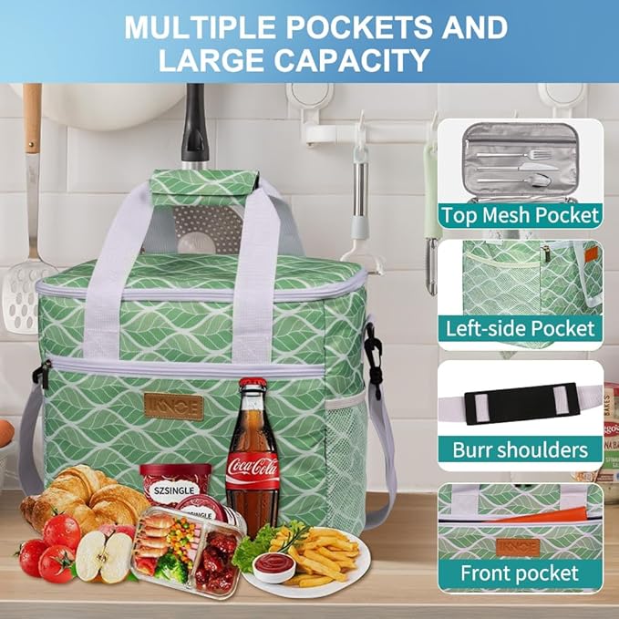 Iknoe Large Cooler Bag Collapsible 24 Can Insulated Bags Leakproof Lunch Cooler Tote with Multi-Pockets for Adult Insulated Thermal Bag for Beach, Picnic, Office Work(Green Wave)
