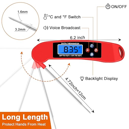 2 pcs Red Digital Talking Thermometer for The Blind, Waterproof Instant Read Food Thermometer, Probe for Cooking and Grilling