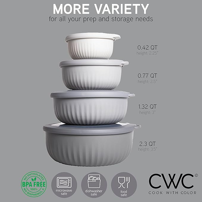 COOK WITH COLOR Prep Bowls with Lids- Wide and Deep Nesting Plastic Small Mixing Bowl Set with Lids, 8 Piece Set - Wide Bowls, Gray