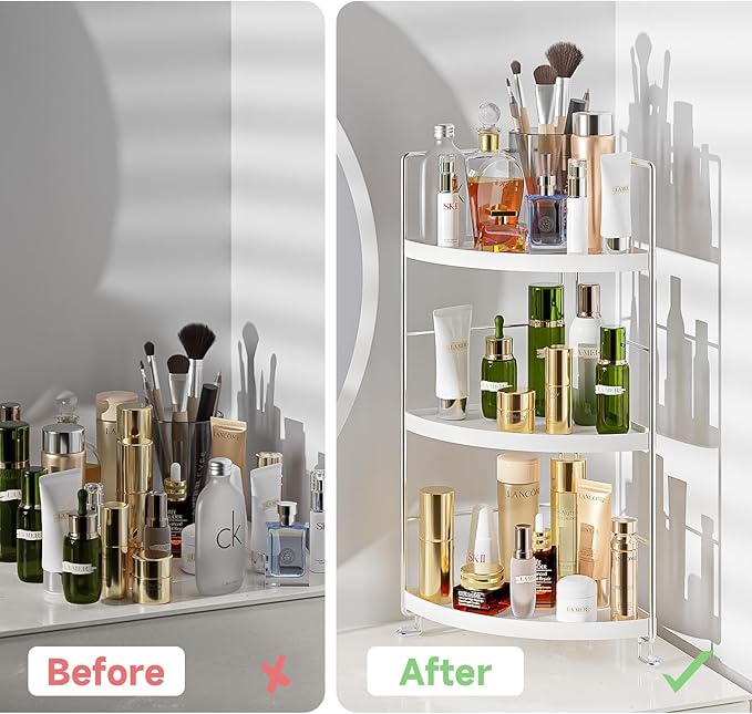 3-Tier Corner Spice Rack Kitchen Bathroom Countertop Organizer Vanity Tray Cosmetic Makeup Storage Standing Shelf, White