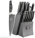 NF NANFANG BROTHERS Damascus Kitchen Knife Set, 16-Piece with Block, ABS Ergonomic Handle, Carving Fork, Disconnect-type Knife Block (Gray)