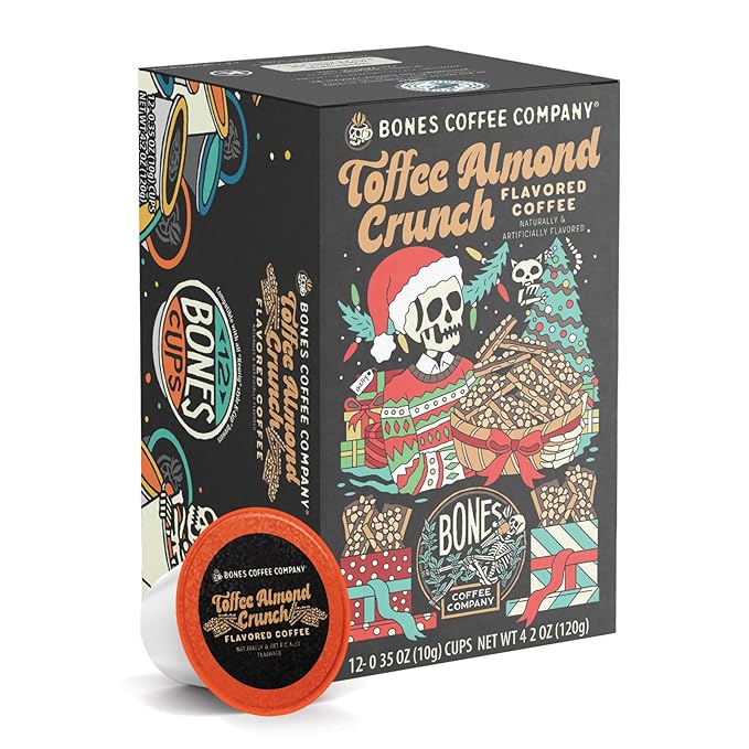 Bones Coffee Company Toffee Almond Crunch, Toffee Almond Flavored Coffee Pods, Low Acid Medium Roast Single-Serve Bones Cups, Compatible with 1.0 & 2.0 K-Cups Brewers Coffee Maker, 12 Count