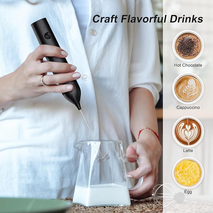 Rechargeable Milk Frother by ELMWAY, 3 Speed Electric Milk Frother Handled with Wand and Egg Whisk Attachments, for Coffee, Matcha and Protein Powder (Black without Stand)