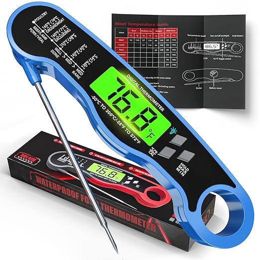 AWLKIM® Meat Thermometer Digital - Fast Instant Read Food Thermometer for Cooking, Candy Making, Outside Grill, IP67 Waterproof Kitchen Thermometer with Backlight, Stocking Stuffers for Men - Blue