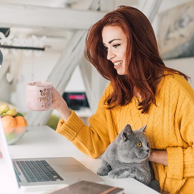 Cat Mom Gifts for Women, Cat Gifts for Cat Lovers - Best Cat Mom Ever - 14oz Pink Ceramic Marble Gold Pattern Coffee Mug with Gift Box, Christmas gifts for Crazy Cat Lady, Mom Wife Daughter Friends