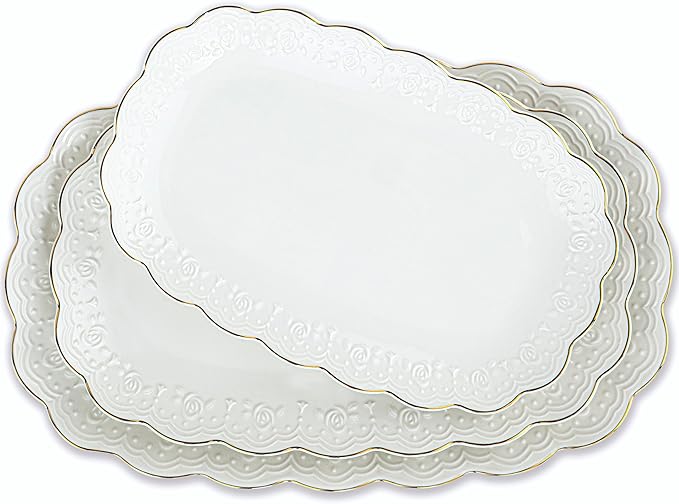 Kassel Ceramic Serving Platter Set | 14”/12”/10” Oval Serving Trays for Entertaining at Parties and Weddings | Oven Safe Large Serving Trays for Tacos, Steak, and Cake