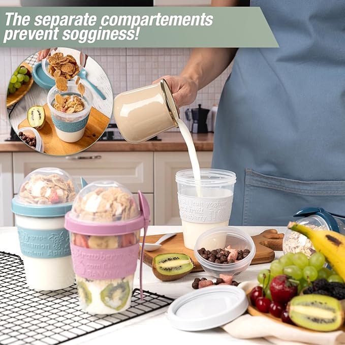 4 Pack Breakfast On The Go Yogurt Parfait Cups, Reusable Plastic Containers with Lids and Spoons, Perfect Jars for Overnight Oats Cereal Granola Oatmeal Smoothies and Snack Prep