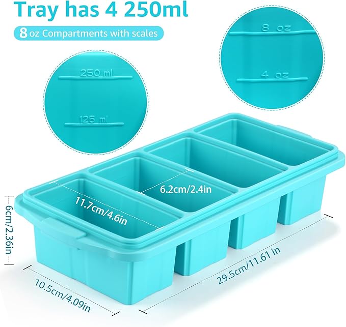 Silicone Freezer Tray With Lid - Silicone Freezer Food Molds- Large Ice Cube Tray,4-Pack Silicone Freezer Container,Freeze & Store Soup, Sauce, Broth,Leftovers - Makes 4 Perfect 1 Cup