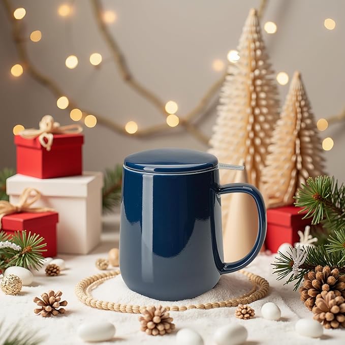 Sweese 20oz Porcelain Teacup with Infuser and Lid, Large Tea Mug for Loose Tea - Microwave and Dishwasher Safe, Insulated, Modern Design for Tea Lovers