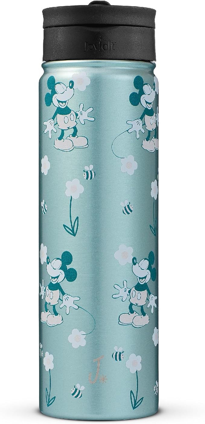 JoyJolt Disney Retro Vintage Stainless Steel Water Bottle ft Mickey Mouse, Reusable 22oz Vacuum Insulated Water Bottle Tumbler with Leak Proof Flip Straw Lid and Handle, Lead & BPA Free