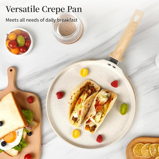 Innerwell 11 inch Nonstick Crepe Pan, Granite Coating Flat Skillet Dosa Tawa Tortilla Pan, White Large Pancake Griddle Comal Pan, Compatible with All Stovetops, PFOA Free