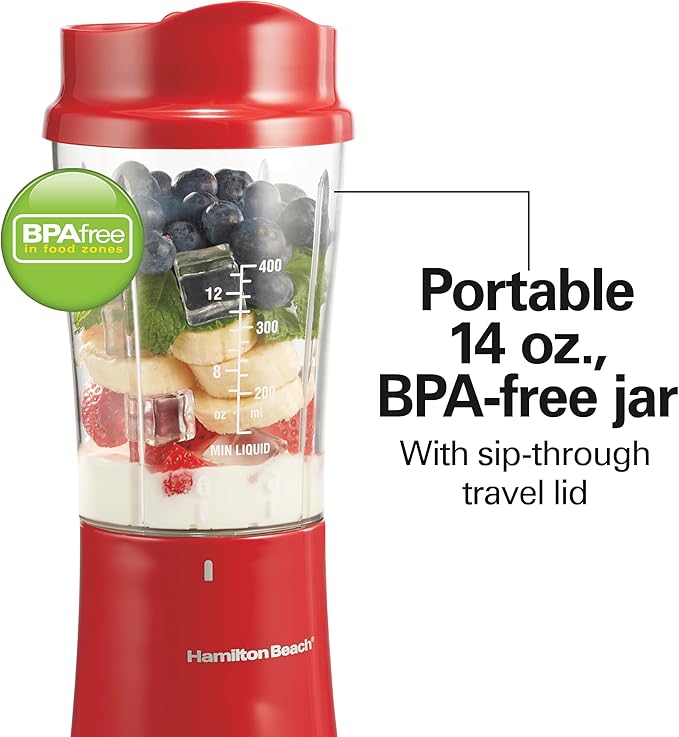 Hamilton Beach Portable Blender for Shakes and Smoothies, 14 Oz BPA Free Travel Cup & Lid, Durable Stainless Steel Blades, Personal Smoothie Blender, Red (51101RV)