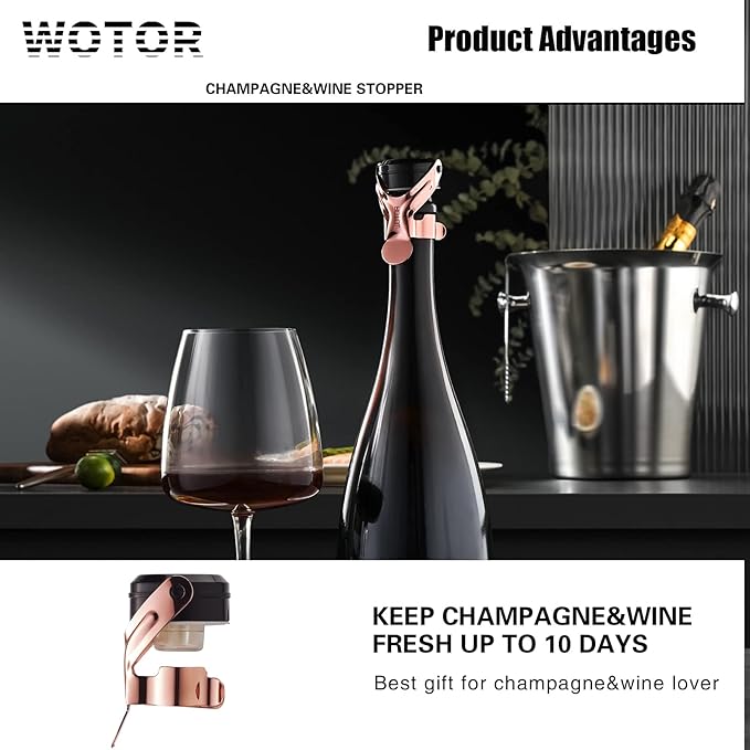 WOTOR Champagne&Wine Bottle Stoppers Stainless Steel with Food Grade Silicone, Leak Proof Keep Fresh Reusable Saver, Cork Suitable for Wine, Champagne, Cava, Prosecco and Sparkling (6 Pack Rosegold）