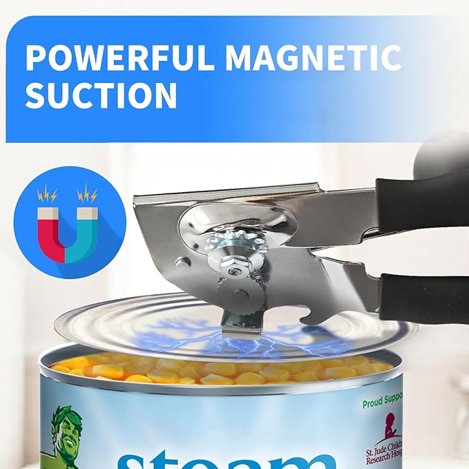 Manual Can Opener，Commercial Can openner，Can Opener Heavy Duty with Ergonomic Soft Grip Handles and Magnetic Lid Lifter for Large Cans, Seniors ，Stainless Steel, Black