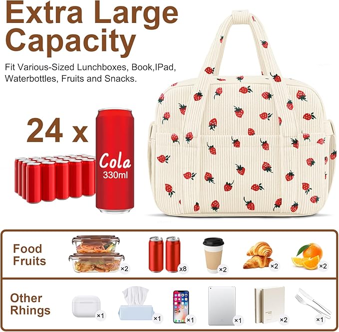 Corduroy Lunch Box Lunch Bag for Women Adults Men, Cute Strawberry Insulated Work Reusable Leakproof Simple Large Lunch Boxes Tote Bag Adults Cooler Bag, with Shoulder Strap