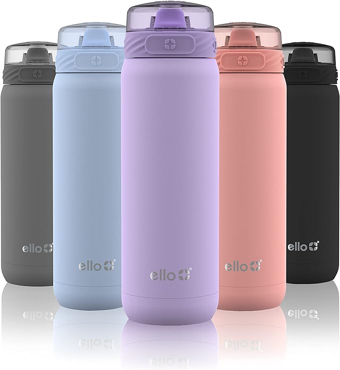 Ello Cooper 18oz Kids Stainless Steel Water Bottle with Straw and Carry Handle, Double Walled and Vacuum Insulated Metal, Leak Proof Locking Lid with Soft Silicone Spout, Reusable, BPA Free, Lilac