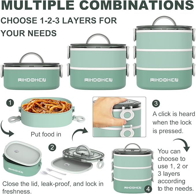 Lunch Box, Stackable 3 Layers Containers, Portable 94OZ Large Capacity Leakproof Bento Box with Spoon & Fork & Sauce Boxes, Microwave Safe Lunch Box for Kids and Adults