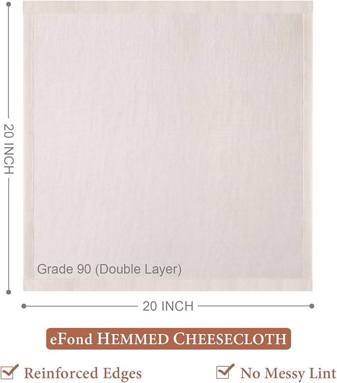 eFond Cheese Cloths, 2-Pack Double Layers, 20x20Inch Squares with Hemmed Edges, Grade 90 Reusable Cheesecloth for Straining, Unbleached Cotton Muslin Cloths for Cooking, Nut Milk, Butter & Baking