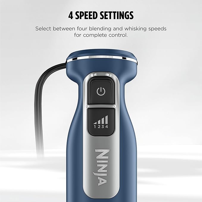 Ninja Immersion Blender and Whisk, Hand Stick Blender, 4 Speeds, with SplatterShield and PanProtect, 4-Cup Blending Vessel, Dishwasher Safe, 5-ft Cord, Ergonomic, Deep Navy, CI201ND