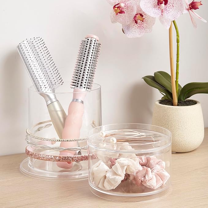 STORi Bella Stackable Clear Plastic Hair Accessory Organizer Set | Round Headband and Hairbrush Holder Stacks on The Storage Containers with Tray Lid | Made in USA