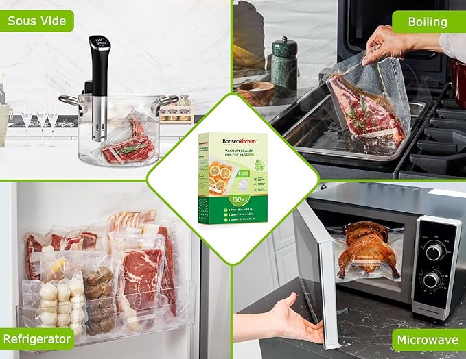 Bonsenkitchen Precut Vacuum Sealer Bags, 20 Gallon 11" x 16"+ 80 Quart 8" x 12"+ 50 Pint 6" x 10", Commercial Grade, BPA Free, Food Sealer Bags for Vac Storage, Meal Prep or Sous Vide Cooking, VB15