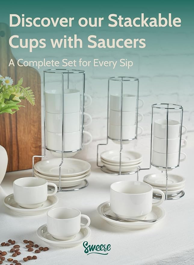 Sweese 2.5 Ounce Porcelain Stackable Espresso Cups with Saucers and Metal Stand Set of 4, White